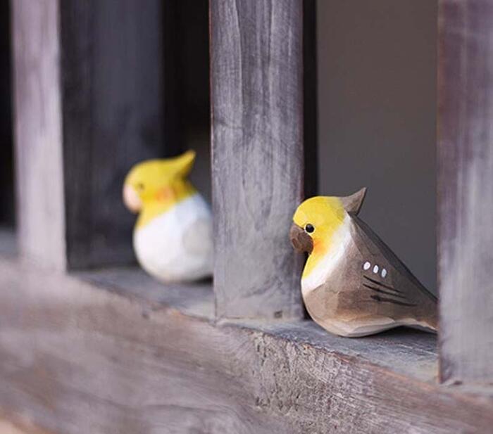 オウム 小鳥 オブジェ ウッド ペア カップル