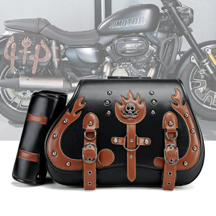 サドルバッグ ダブルバッグ ヴィンテージ ファイア装飾 パンク系バッグ オートバイアクセサリー バイク用品