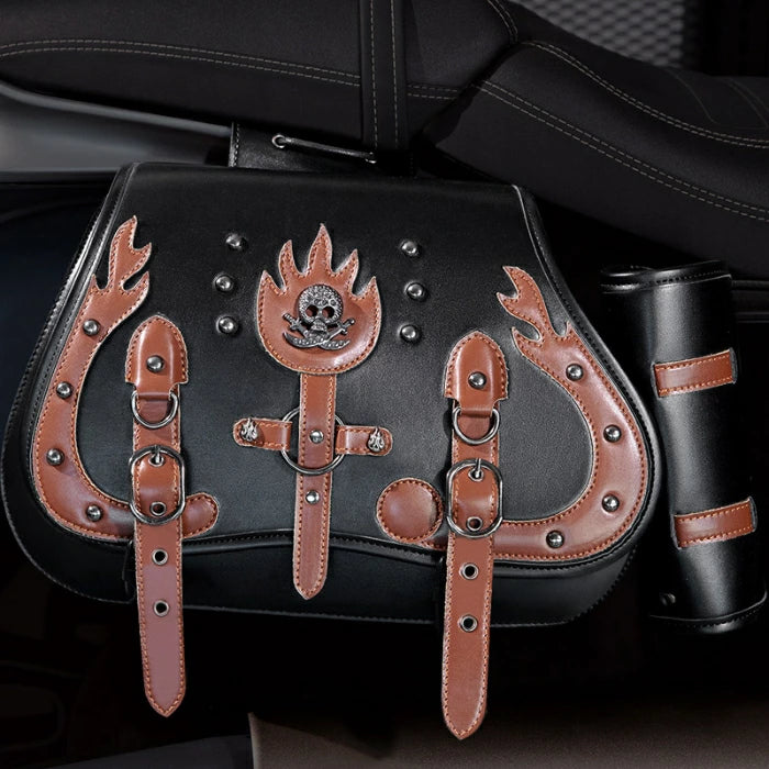 サドルバッグ ダブルバッグ ヴィンテージ ファイア装飾 パンク系バッグ オートバイアクセサリー