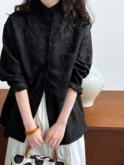 ジャカードシャツ レディース ブラウス スタンドカラーシャツ 長袖 ロングスリーブ おしゃれ 上品 高級感