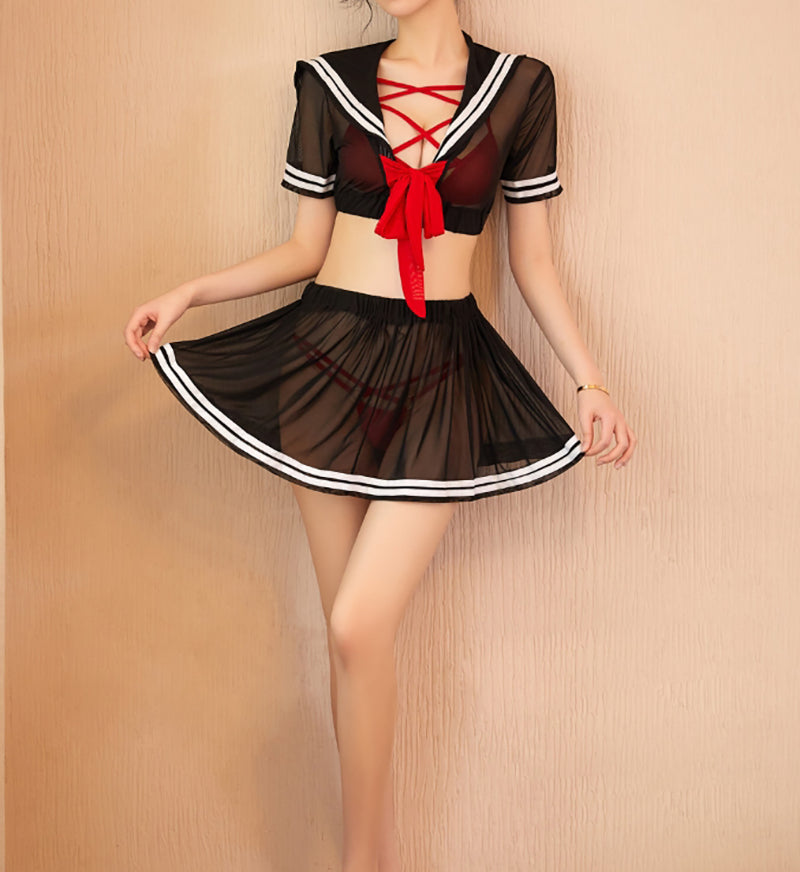 透け感セーラー服 コスチューム 4点セット コスプレ衣装 ミニスカート 半袖ブラウス ブラ ショーツセット