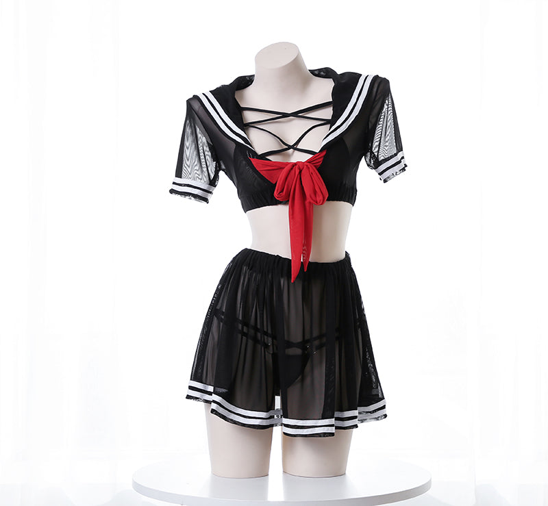 透け感セーラー服 コスチューム 4点セット コスプレ衣装 ミニスカート 半袖ブラウス ブラ ショーツセット