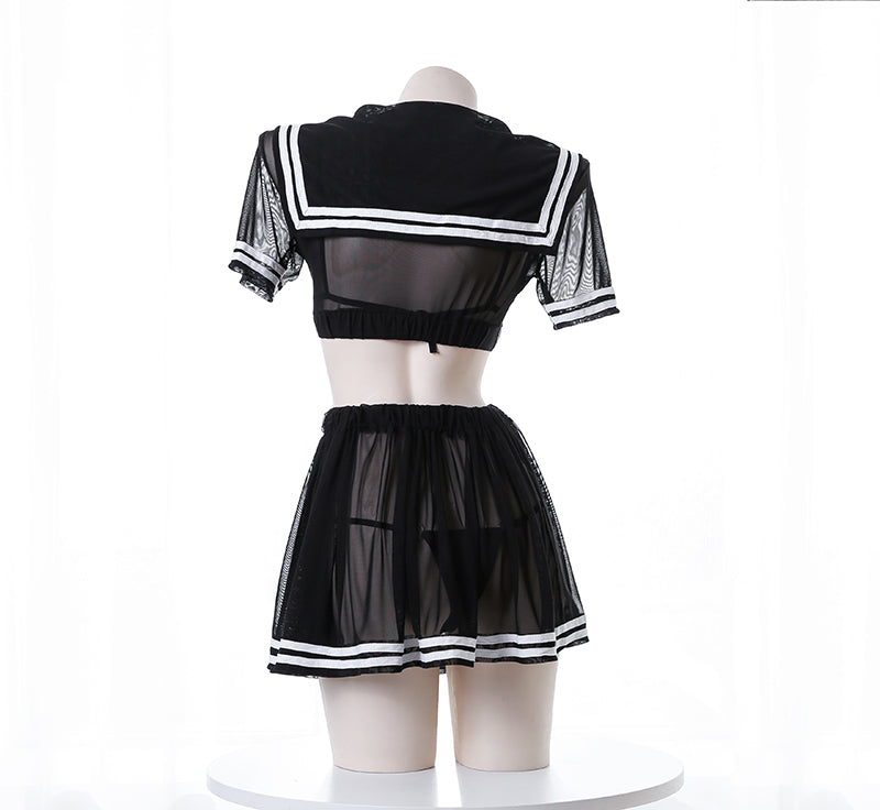 透け感セーラー服 コスチューム 4点セット コスプレ衣装 ミニスカート 半袖ブラウス ブラ ショーツセット
