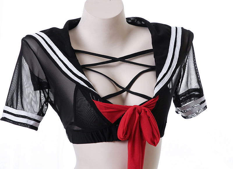 透け感セーラー服 コスチューム 4点セット コスプレ衣装 ミニスカート 半袖ブラウス ブラ ショーツセット
