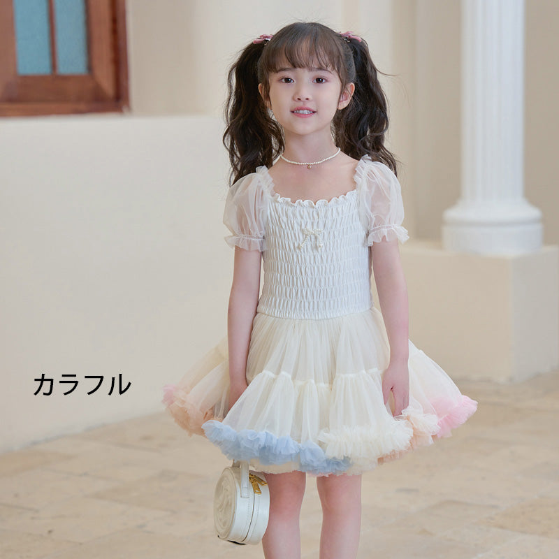 パフスリーブ チュチュドレス 女の子用 フリルスカート ワンピース