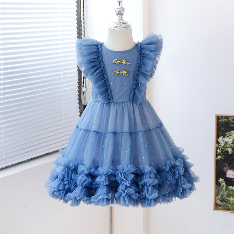 夏用ドレス リボン付きチュチュスカート チュチュドレス 女の子用 フリルスリーブワンピース