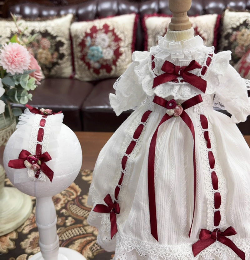 BJDドール服 クラシカルロリータ ワンピースセット ヘッドドレス付き ホワイト×レッド