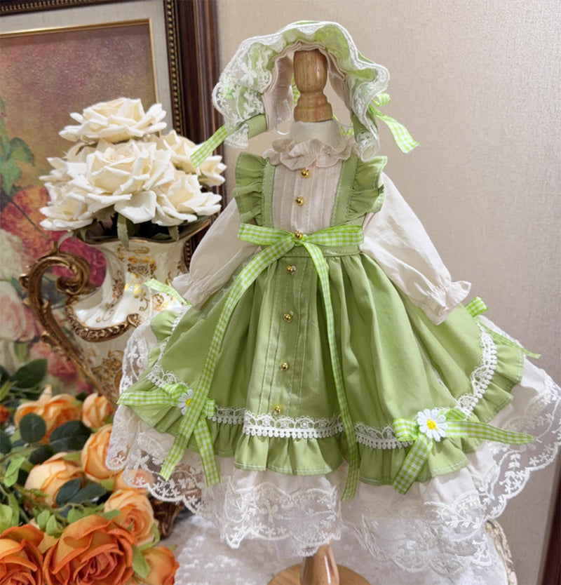 BJDドール服 ロリータ ワンピース グリーン ボンネット 帽子
