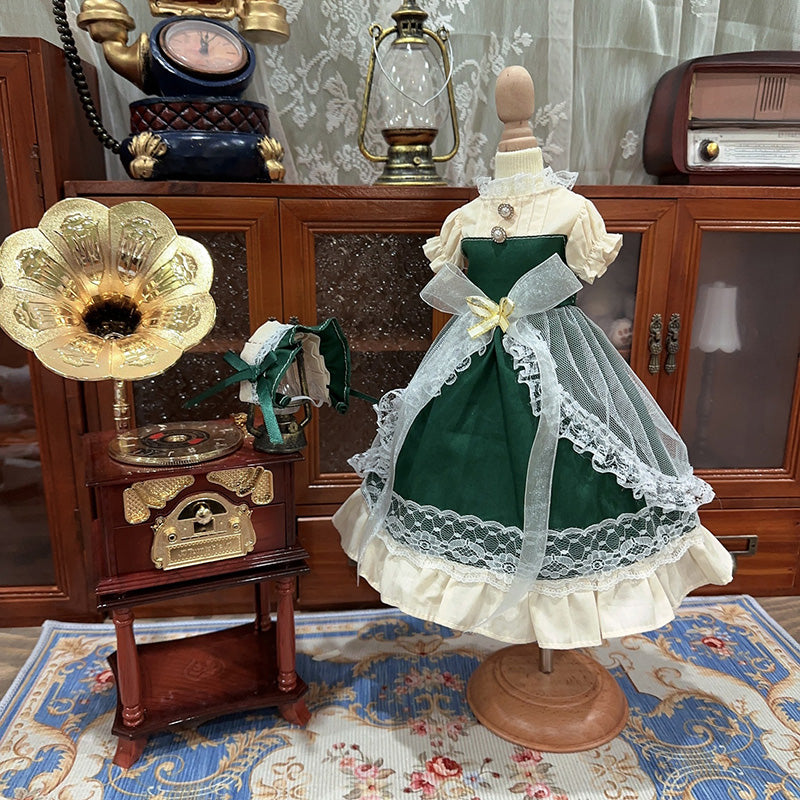 BJDドール服 クラシカル メイド風ドレスセット グリーン×アイボリー レースリボン付き 半袖ワンピース&ヘッドドレス