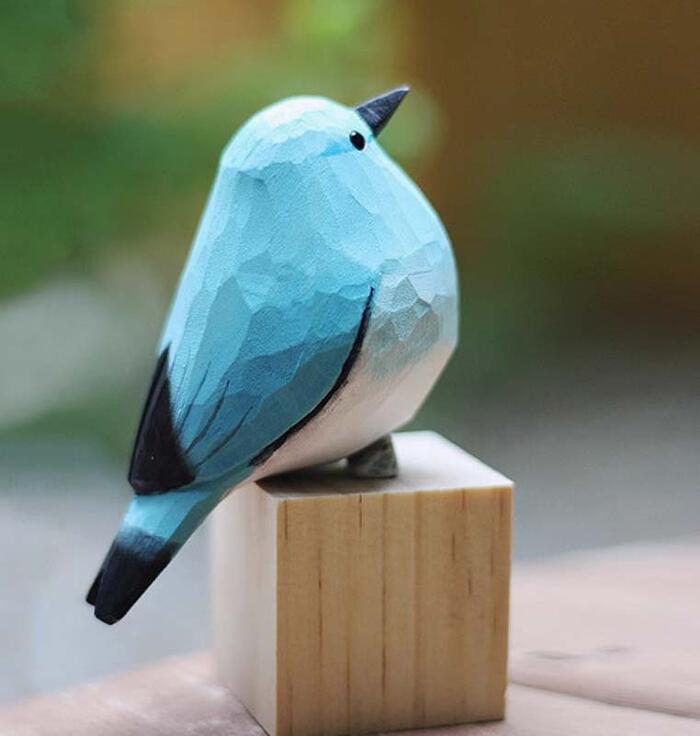 ブルーバード 小鳥 置物 木彫り