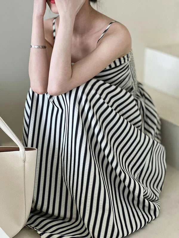 ストライプ キャミワンピース Aライン ロングスカート ワンピース ストラップ