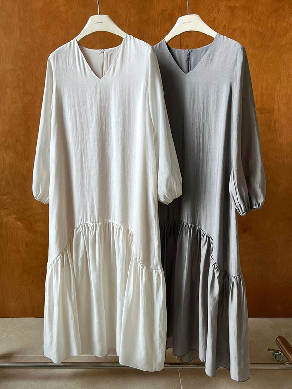 ワンピース Vネック ロングワンピ 長袖 ゆったり シンプル エレガント カジュアル ナチュラル きれいめ