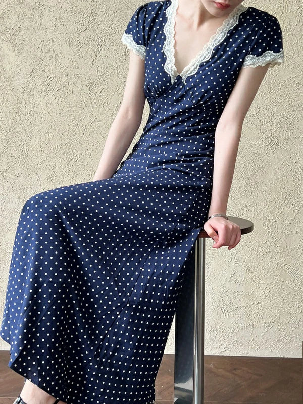 ドット柄 レース Vネック