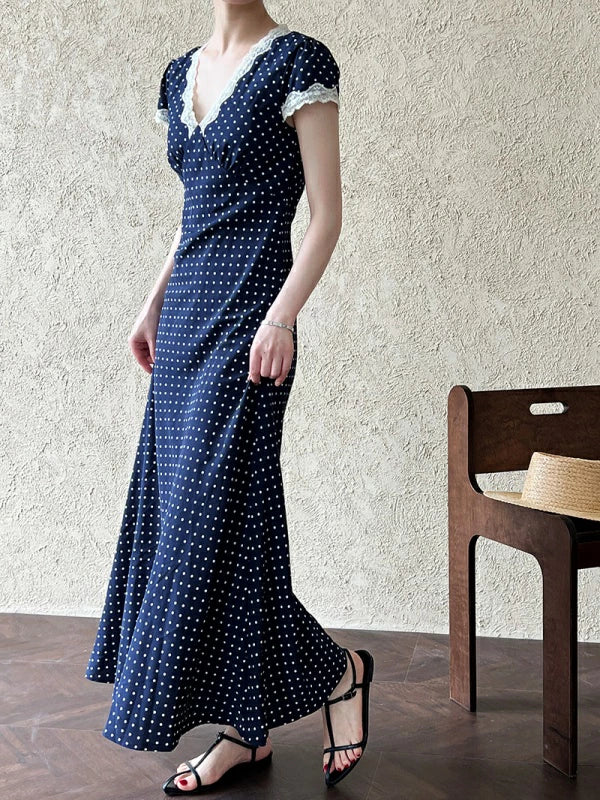 ドット柄 レース Vネック ワンピース