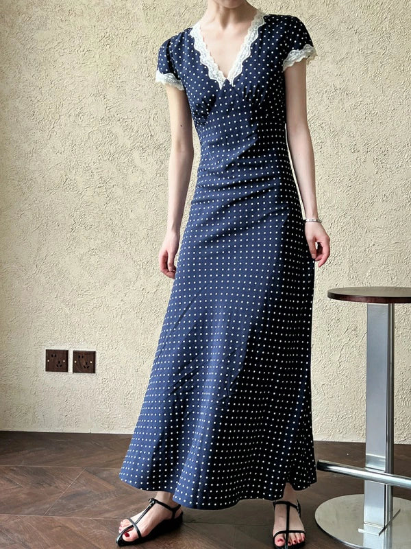 ドット柄 レース Vネック ワンピース ロングワンピース