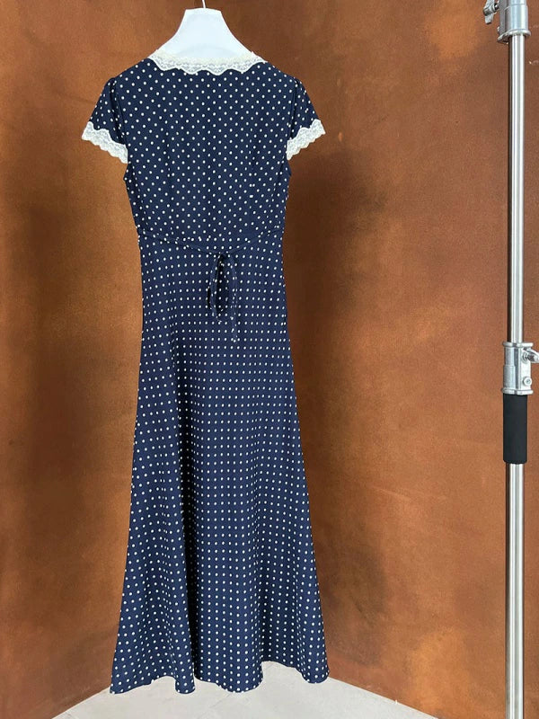 ドット柄 レース Vネック