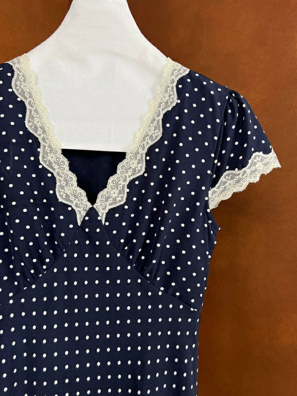 ドット柄 レース Vネック ワンピース