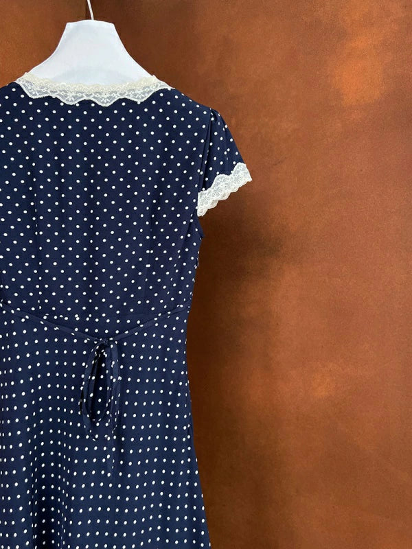 ドット柄 レース Vネック ワンピース ロングワンピース