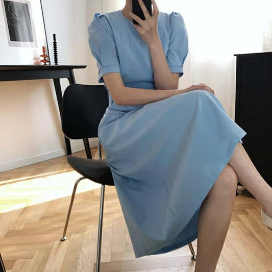 ワンピース Aライン 着痩せ パフスリーブ レディース ロングワンピース 春夏 半袖 リボン付き 無地 ブルー おしゃれ