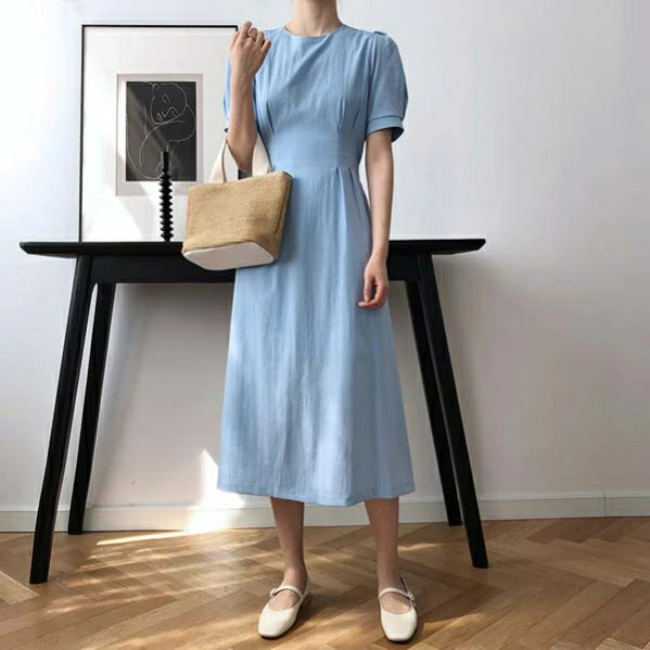 ワンピース Aライン 着痩せ パフスリーブ レディース ロングワンピース 春夏 半袖 リボン付き 無地 ブルー おしゃれ