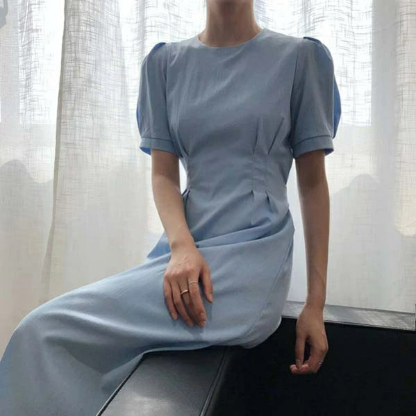 ワンピース Aライン 着痩せ パフスリーブ レディース ロングワンピース 春夏 半袖 リボン付き 無地 ブルー おしゃれ