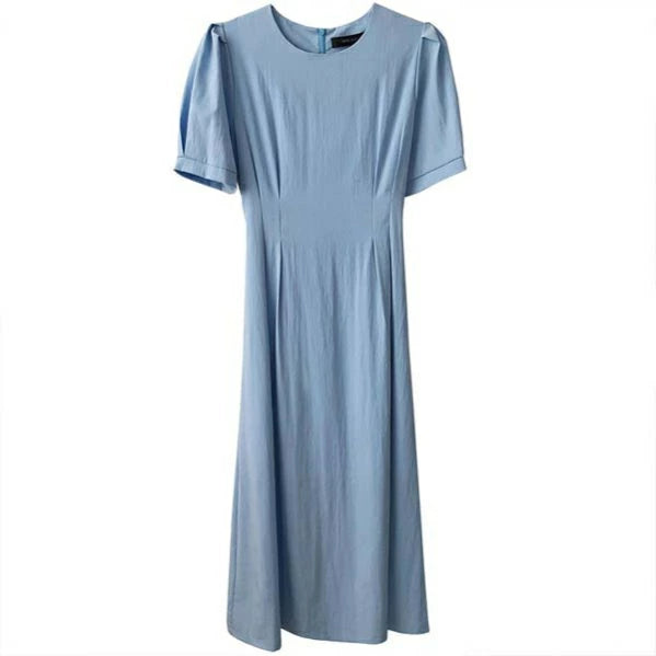 ワンピース Aライン 着痩せ パフスリーブ レディース ロングワンピース 春夏 半袖 リボン付き 無地 ブルー おしゃれ