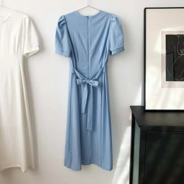 ワンピース Aライン 着痩せ パフスリーブ レディース ロングワンピース 春夏 半袖 リボン付き 無地 ブルー おしゃれ