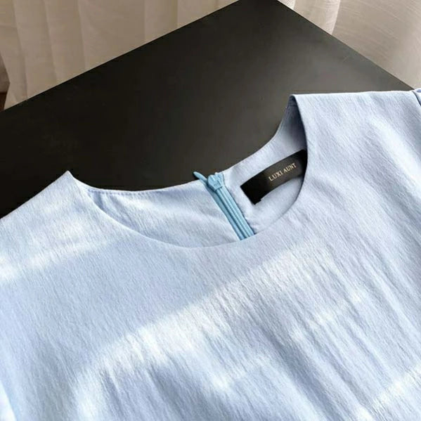 ワンピース Aライン 着痩せ パフスリーブ レディース ロングワンピース 春夏 半袖 リボン付き 無地 ブルー おしゃれ