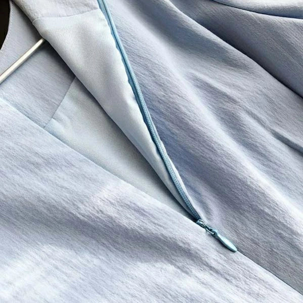 ワンピース Aライン 着痩せ パフスリーブ レディース ロングワンピース 春夏 半袖 リボン付き 無地 ブルー おしゃれ