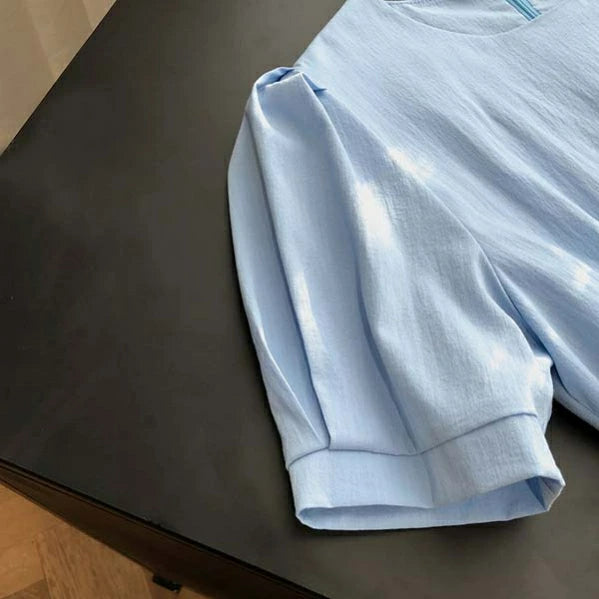 ワンピース Aライン 着痩せ パフスリーブ レディース ロングワンピース 春夏 半袖 リボン付き 無地 ブルー おしゃれ