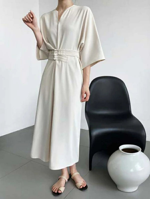 ベルト付きワンピース 着痩せ Aライン ロングワンピース レディース ドレス 体型カバー Vネック 無地 上品