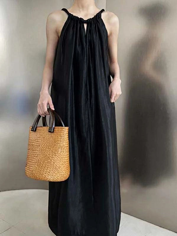 ストラップドレス Aライン ロングワンピース レディース 体型カバー ゆったり ギャザーネック ドローストリングネック