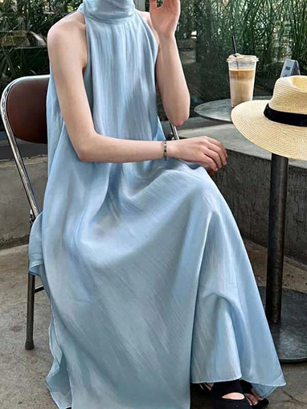 ホルターネックドレス 襟リボン ハイネックタイ Aライン レディース ワンピース ドレス 体型カバー 上品