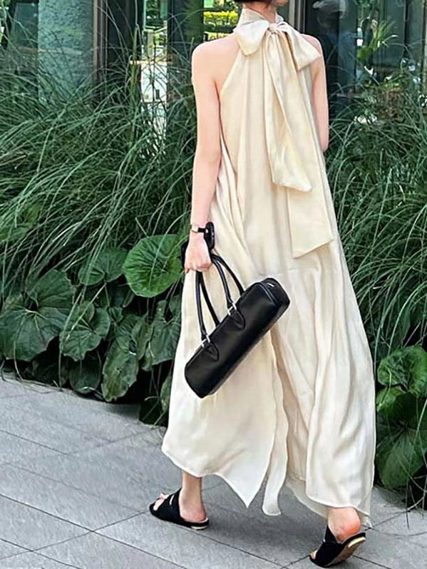 ホルターネックドレス 襟リボン ハイネックタイ Aライン レディース