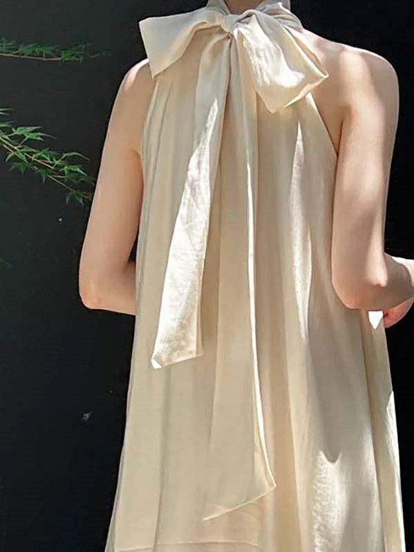 ホルターネックドレス 襟リボン ハイネックタイ Aライン