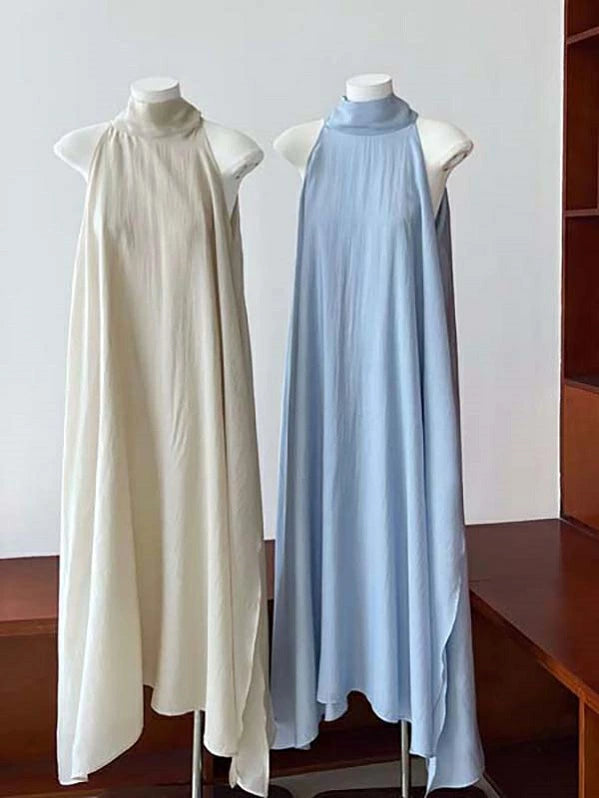 ホルターネックドレス 襟リボン ハイネックタイ Aライン レディース