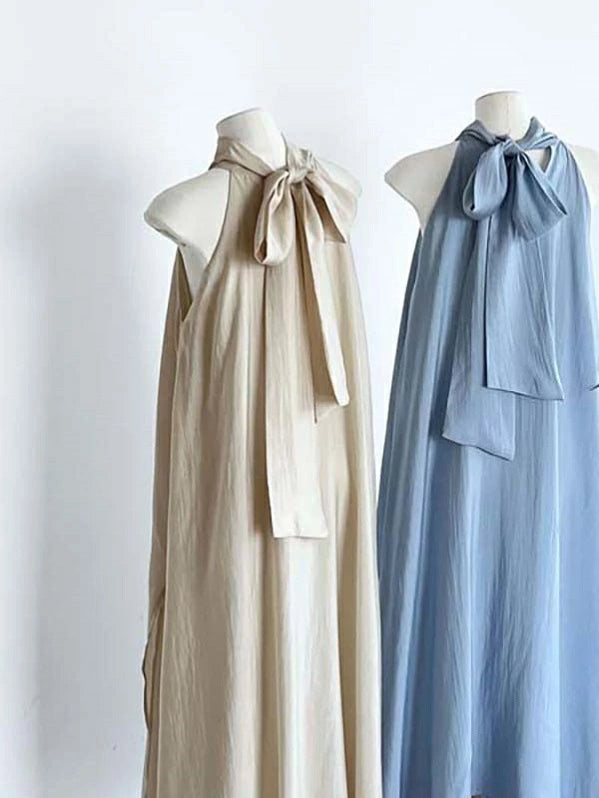 ホルターネックドレス 襟リボン ハイネックタイ Aライン レディース ワンピース