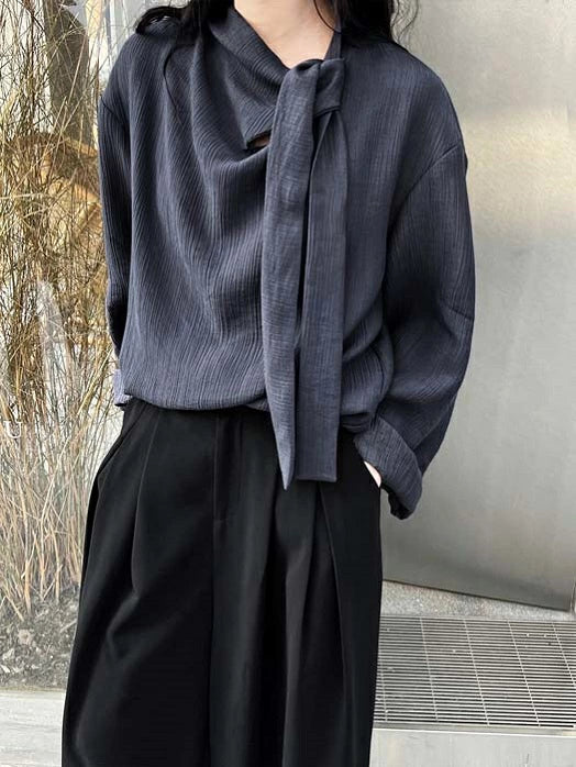 レトロシャツ レディース ブラウス 長袖 シャツブラウス 襟リボン ハーネックタイ きれいめ シフォン