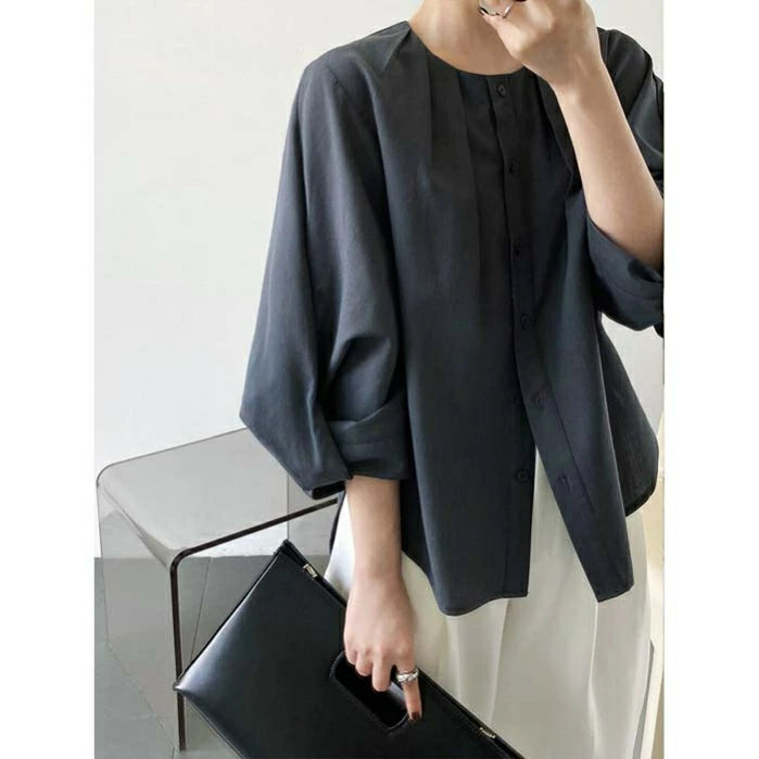 ランタンスリーブ シャツ レディース ブラウス 丸首 トップス 綿麻 七分袖 体型カバー ゆったり おしゃれ 立体感