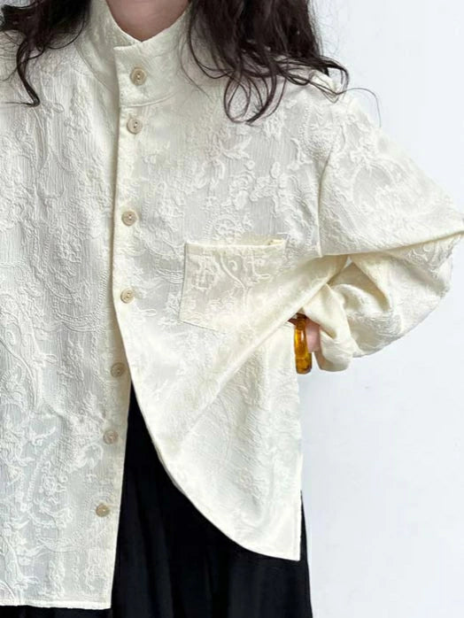 ジャカードシャツ レディース ブラウス スタンドカラーシャツ 長袖 ロングスリーブ おしゃれ 上品 高級感