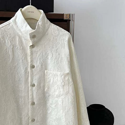 ジャカードシャツ レディース ブラウス スタンドカラーシャツ 長袖 ロングスリーブ