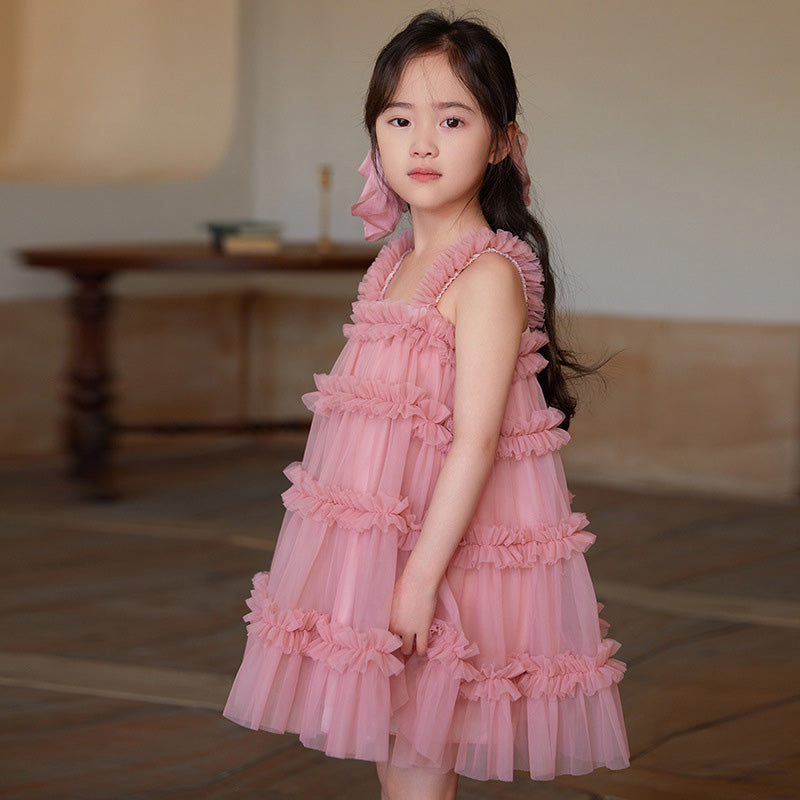 ふわふわチュチュドレス 女の子用 ケーキシルエット ストラップワンピース キッズ プリンセス風ドレス