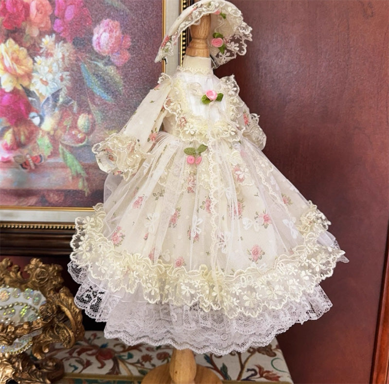 BJDドール服 ロリータワンピース ボンネット セット 花柄レースドレス