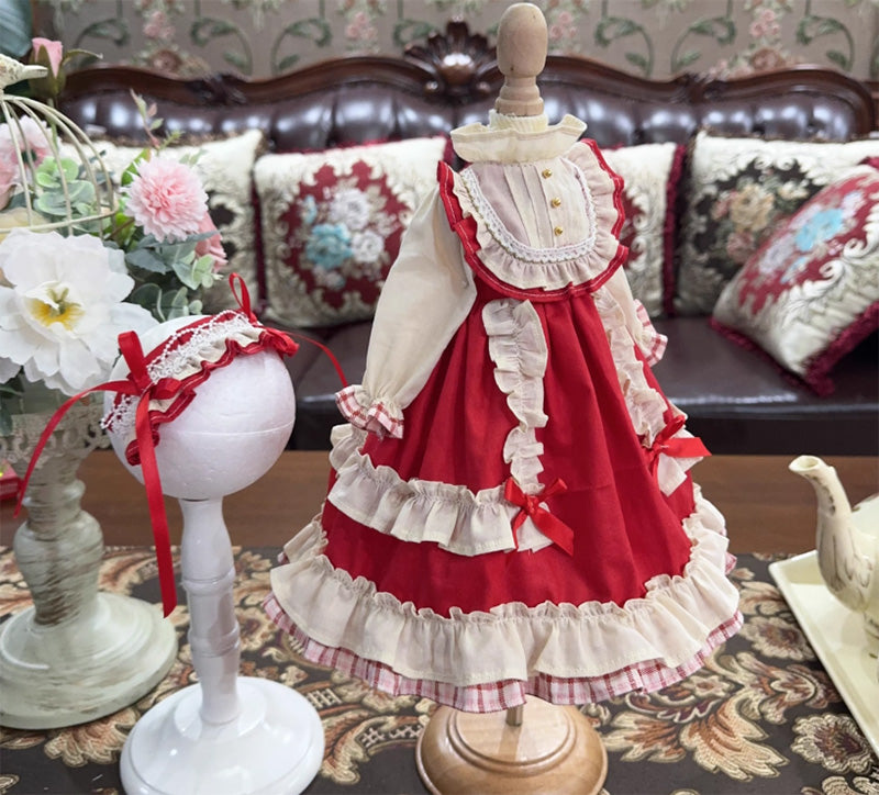 ドール服 BJD レッド ワンピース ヘッドドレスセット