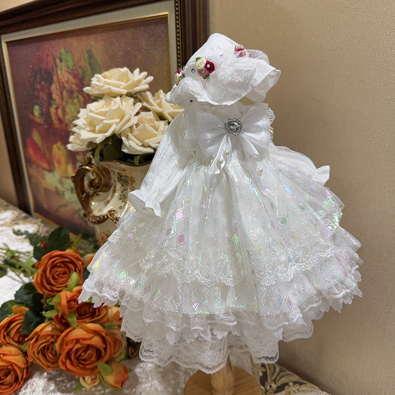 ドール服 ロリータ ドレス 光沢レース ボンネット セット