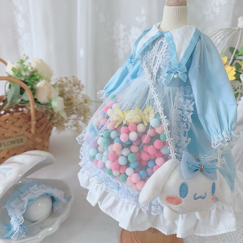 ドール服 シュガーカラー ポンポンワンピース ヘッドドレスセット ブルー