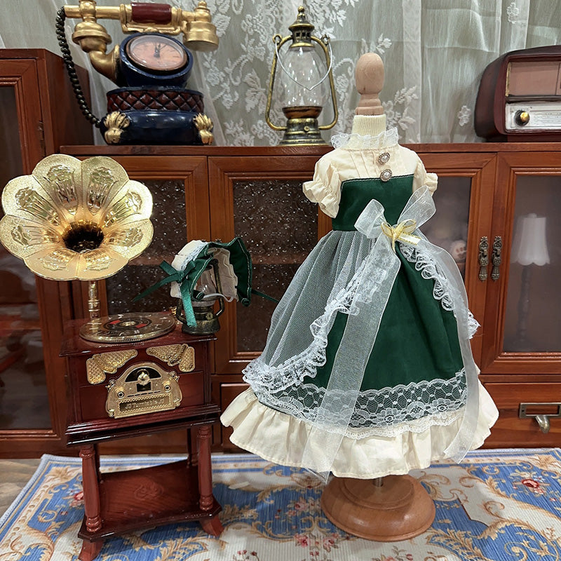 BJDドール服 クラシカル メイド風ドレスセット グリーン×アイボリー