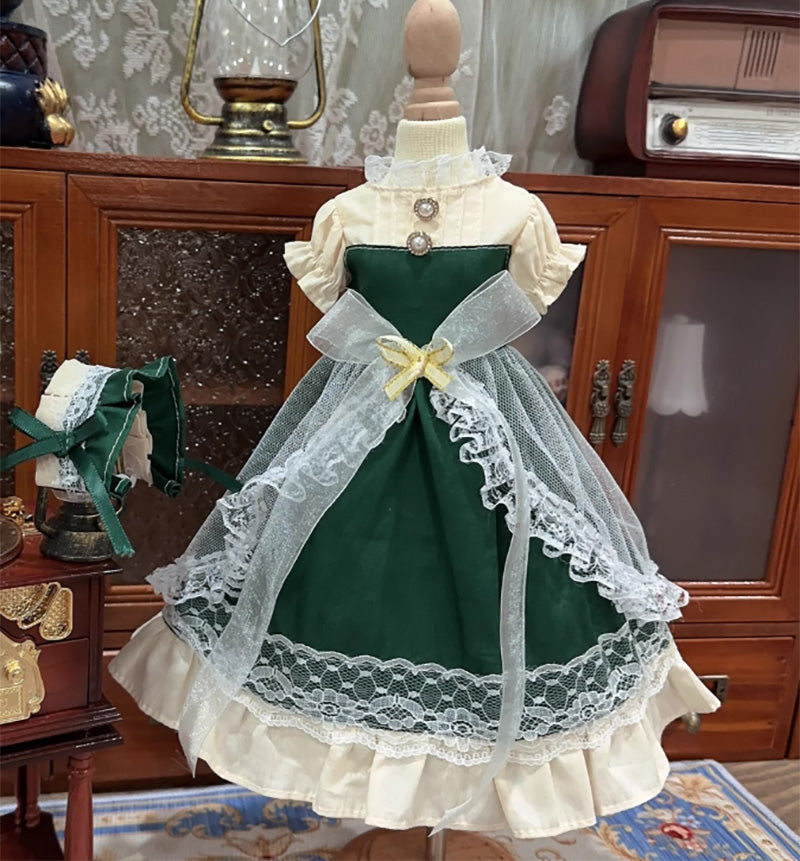 BJDドール服 クラシカル メイド風ドレスセット グリーン×アイボリー レースリボン付き