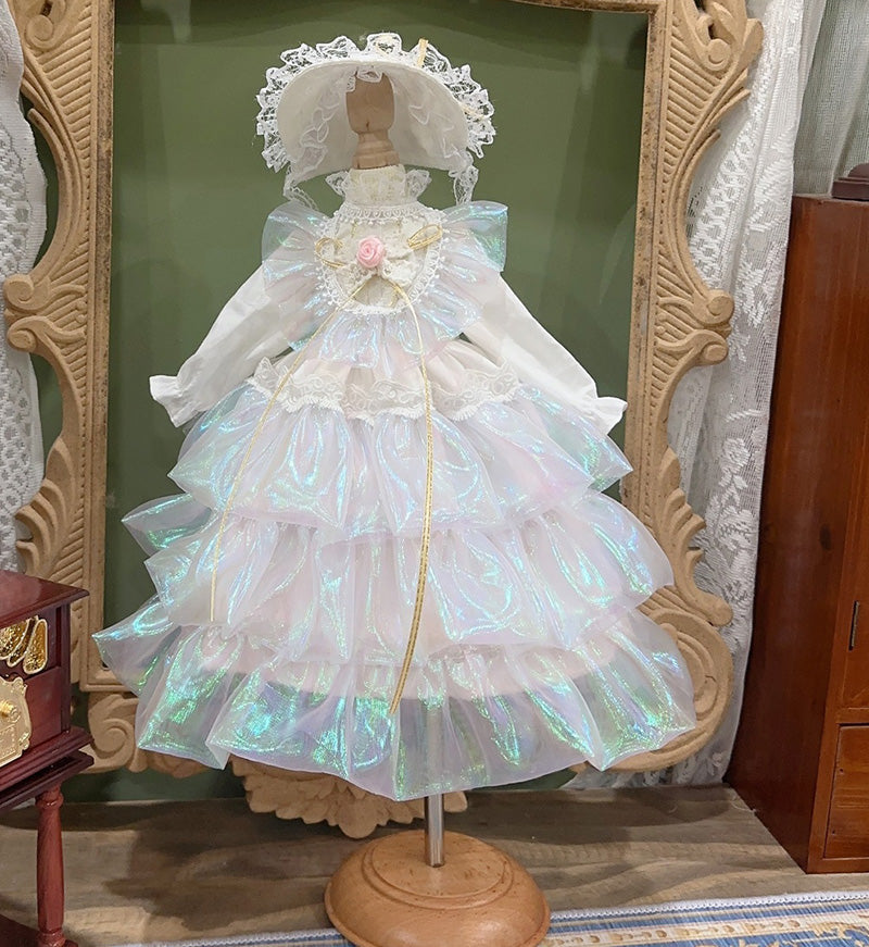 BJDドール服 豪華ロリータワンピース＆ボンネットセット 光沢オーガンジー