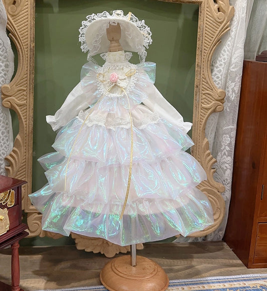 BJDドール服 豪華ロリータワンピース＆ボンネットセット 光沢オーガンジー